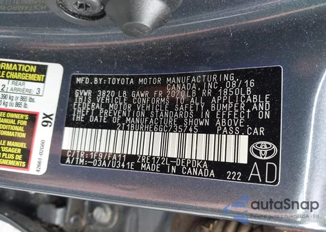 2016 Toyota Corolla L z USA, uszkodzony, nr VIN 2T1BURHE6GC735745